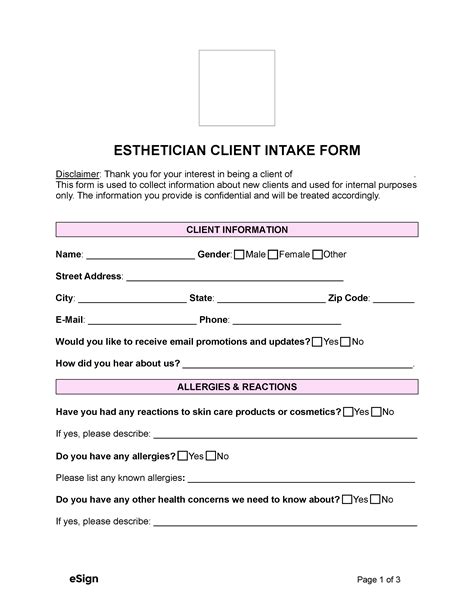 Esthetician intake form template 1