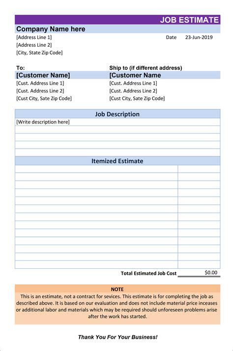 Estimate Template Excel