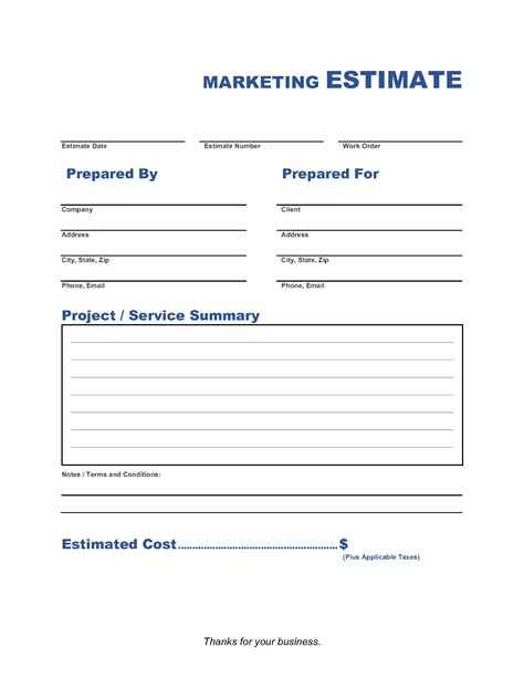 Estimate Template for Marketing Projects