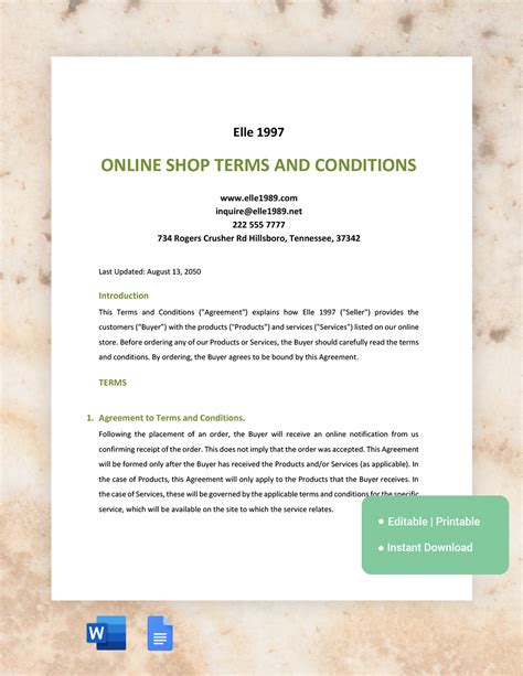 Etsy Shop Terms and Conditions Template Example