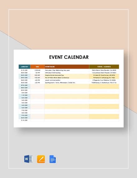 Event Calendar Template Sample