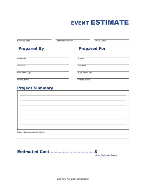 Event estimate template for event planners