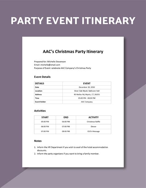 Example of an event itinerary template