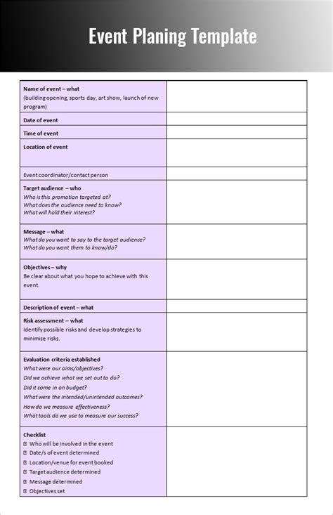 Event Planning Template Sample