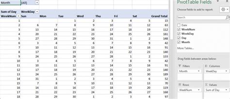 An example of a PivotTable events calendar in Excel