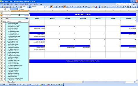 An example of an events calendar template in Excel