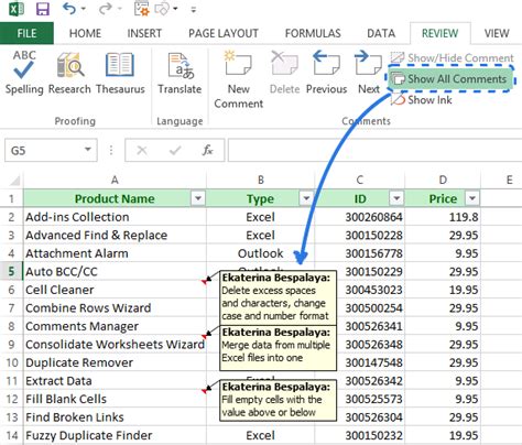 Review Tab Comments in Excel 365