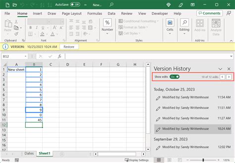 Version History Restore in Excel 365