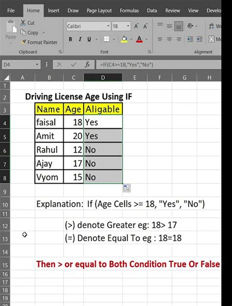 An Excel sheet showing age eligibility with a yes/no formula