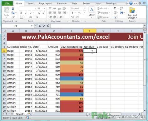 Ageing Report Payment Column in Excel