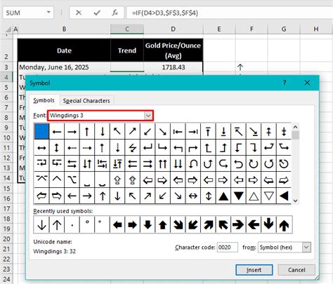 Inserting Arrows in Excel