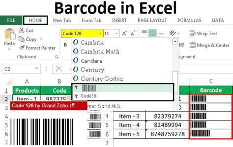 Example of a Code 128 barcode in Excel