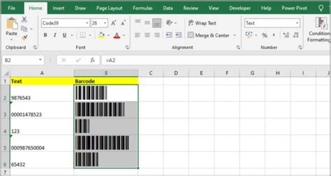 Example of Excel barcode formatting