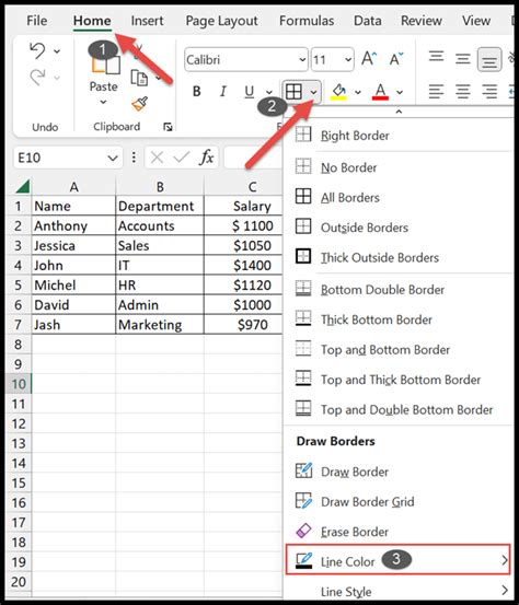 Excel border color options 1