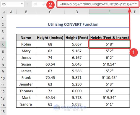 Using Excel's built-in functions to calculate feet and inches