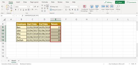 Excel Calculations for Tenure