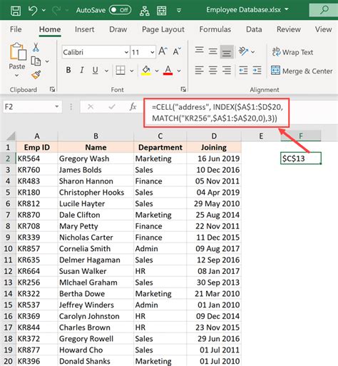 Excel cell address example 2