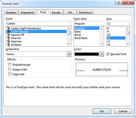 Excel cell font