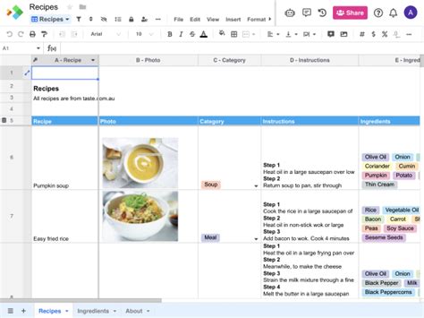 Excel Charts for Recipe Book