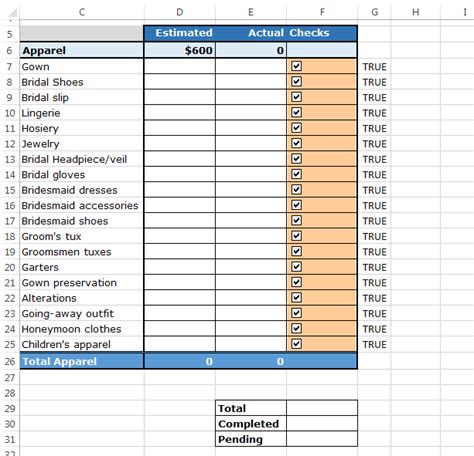 Excel checkbox dashboard example