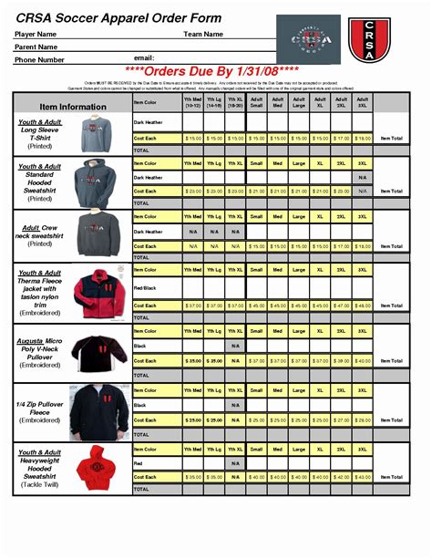 Excel clothing order form templates