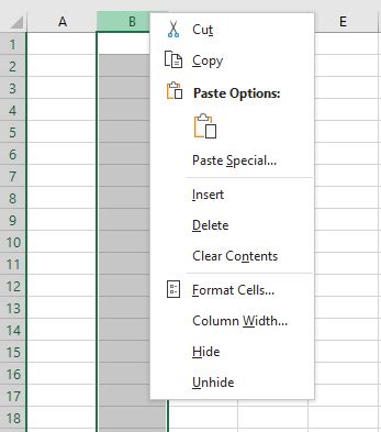 Excel column insert menu