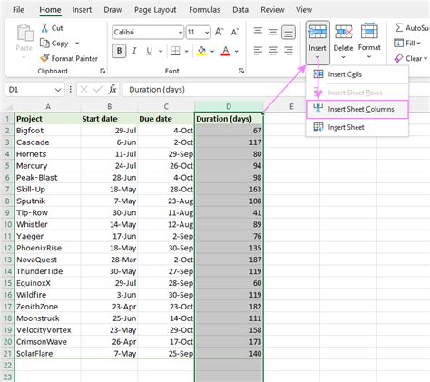 Inserting Columns in a New Location in Excel