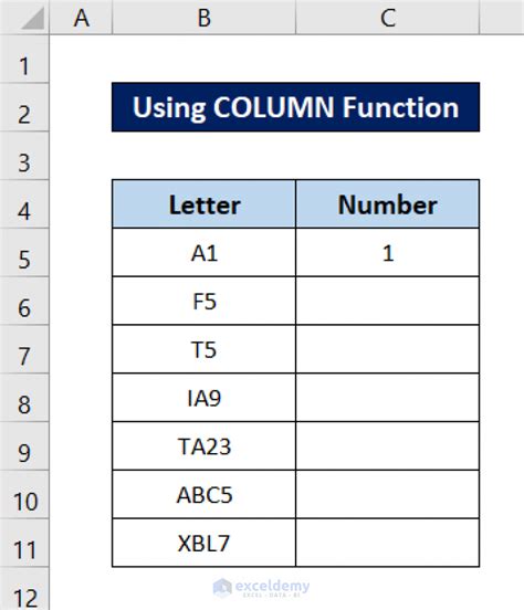 Excel column letter number chart