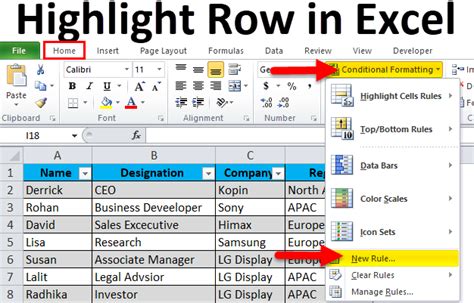 Excel Conditional Formatting for Row Highlighting