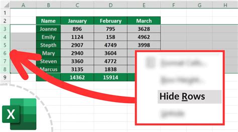 Example of hiding rows in Excel