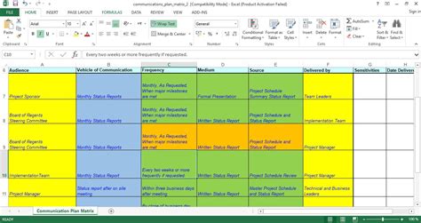 Excel Dashboard Communication Plan Template