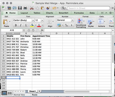 Excel Data for Mail Merge