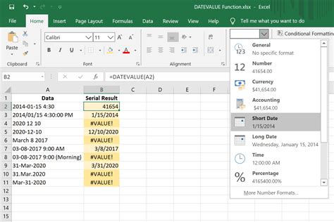 Excel date and number formatting