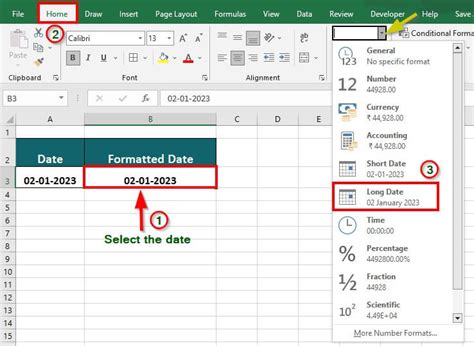 A screenshot of Excel's date formatting feature