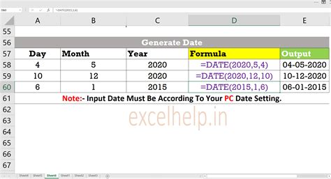 A screenshot of Excel's date function