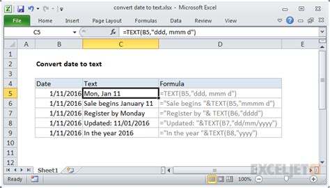 Excel Date Text Formula Example