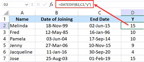 DATEDIF Formula for Years of Service