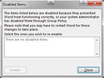 Excel Disabled Items List