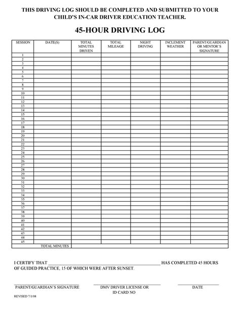 Excel driver log sheet