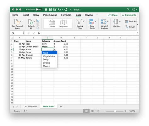 Excel Dropdown Menu Example 1