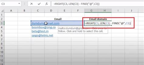 Using the RIGHT and FIND functions to extract domain from email in Excel