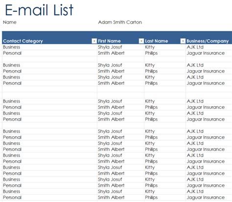 Excel Email List Template