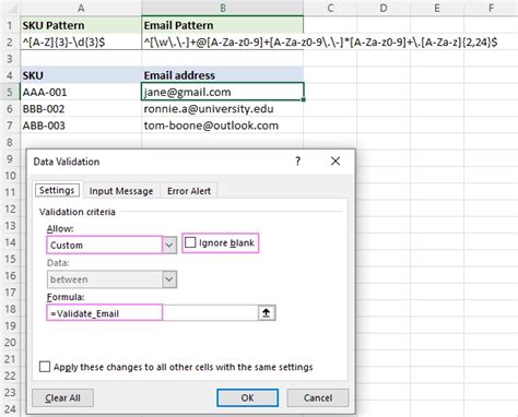 Validating email addresses in Excel