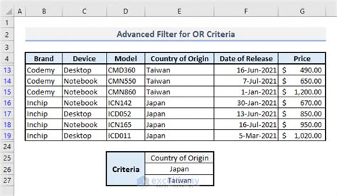 Excel filter criteria