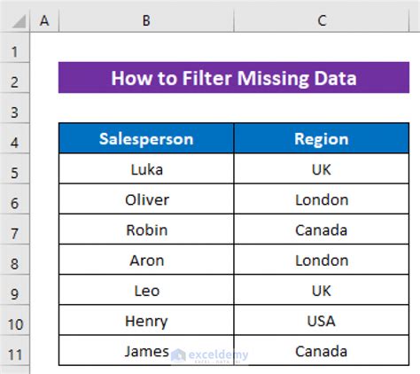 Excel filter for missing data