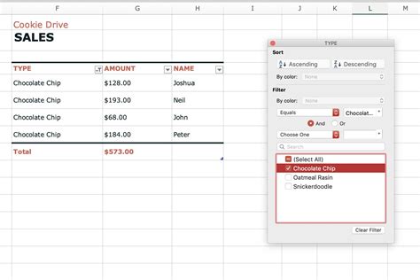 Excel filter option