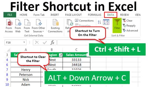 Excel filtering shortcuts