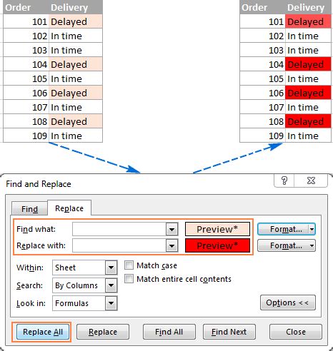 Excel Find and Replace Settings