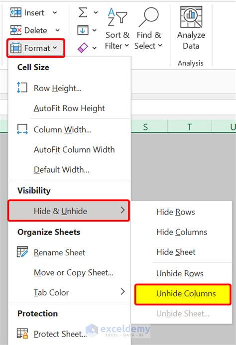 Using the Format button to unhide columns in Excel