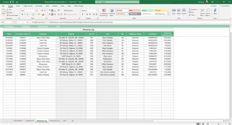 An Excel form for shipment tracking